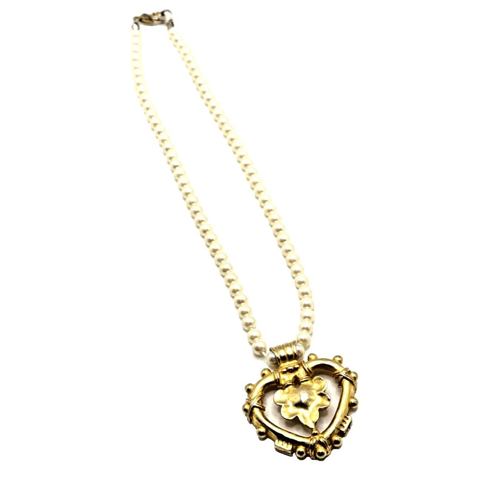 Vintage C. Stein Faux Pearl Heart Pendant Necklace Ornate Gold Tone Signed 14.5"